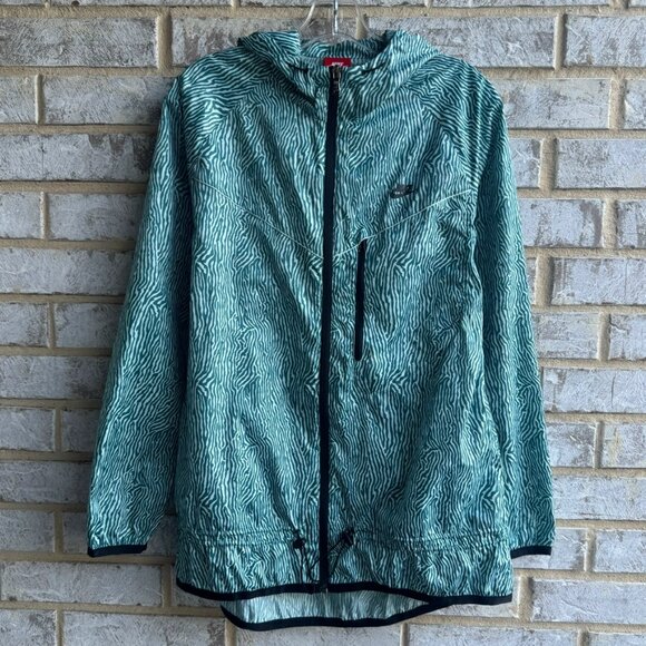 Nike Long Sleeve Zip Up Lightweight Green Zebra Hooded Windrunner Jacket Size L - Picture 1 of 9